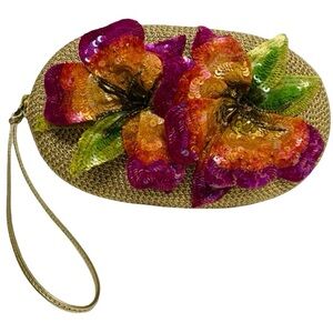 ERIC JAVITS Gold Lurex Sequin Flowers Oval wristlet Purse NEW